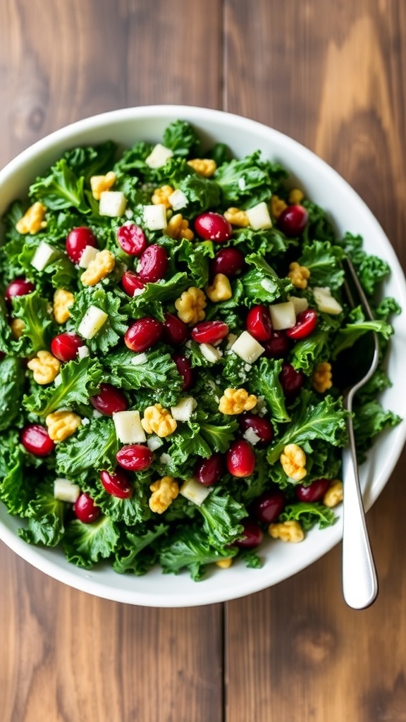 A colorful kale salad with cranberries, walnuts, and Parmesan cheese on a rustic wooden table.